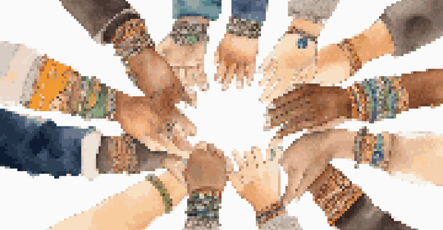Close-up of diverse hands forming a circle, representing unity in socially responsible investing with a blurred city skyline in the background.