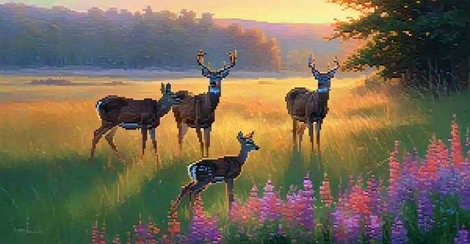 A tranquil meadow at sunset with deer grazing and wildflowers, illuminated by warm golden sunlight.