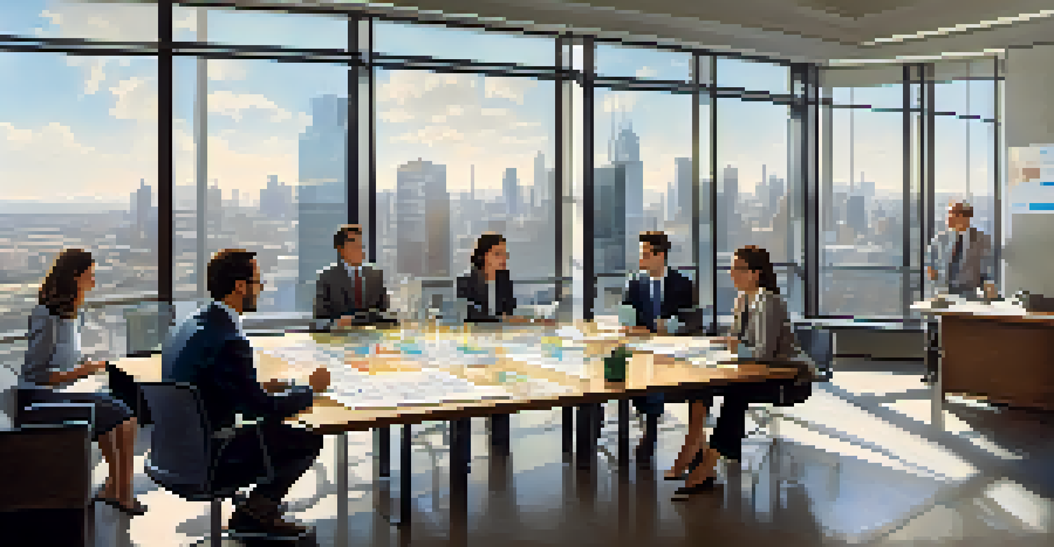 A diverse group of people discussing investment strategies around a table with charts in a bright office setting.
