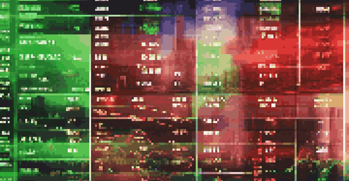 A detailed view of a stock market trading screen with fluctuating prices and graphs, set against a blurred backdrop of a financial district.