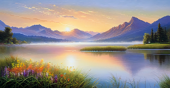A tranquil sunrise over a calm lake with mist, surrounded by green grass and colorful flowers, with mountains in the background.