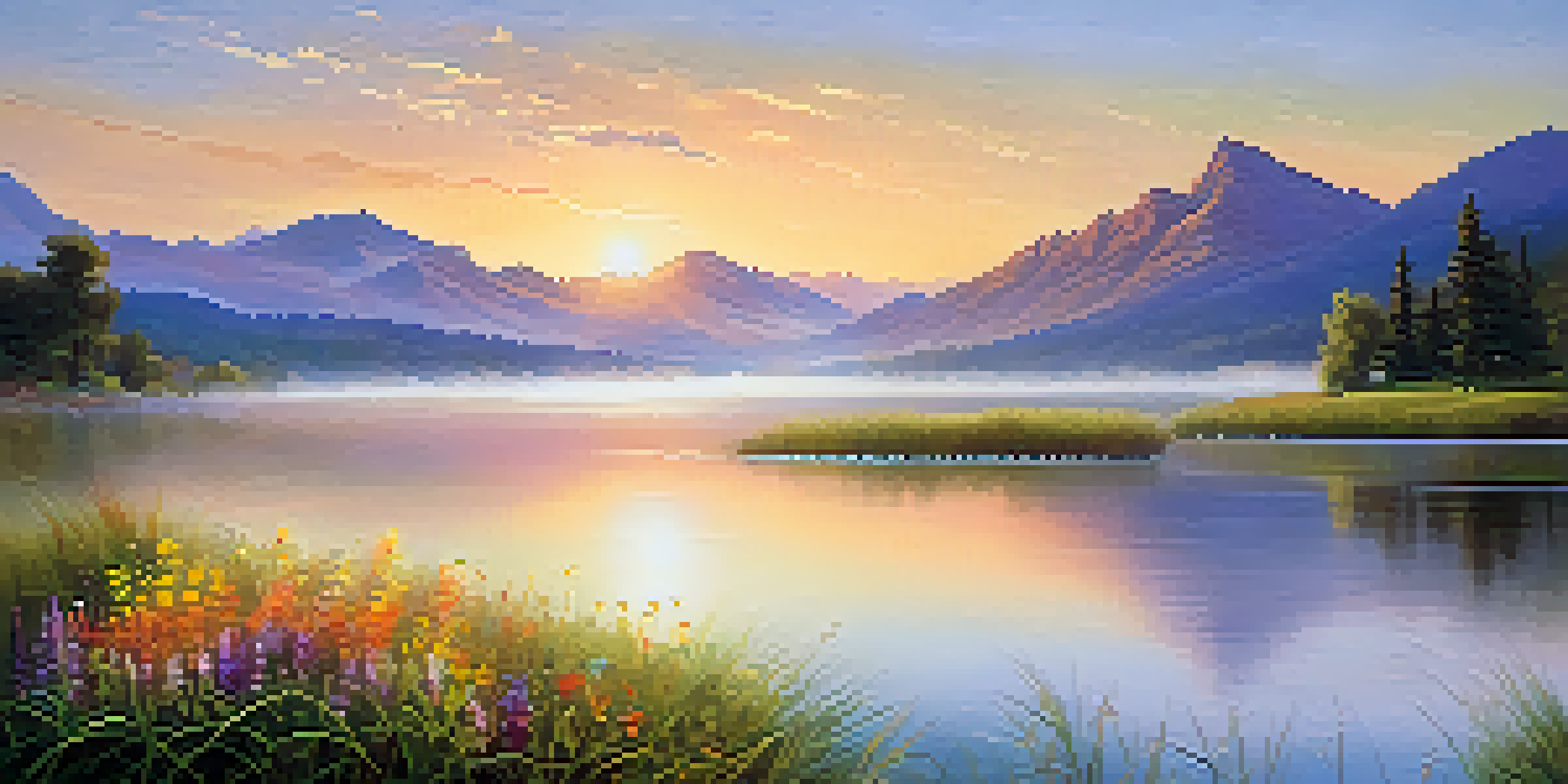 A tranquil sunrise over a calm lake with mist, surrounded by green grass and colorful flowers, with mountains in the background.