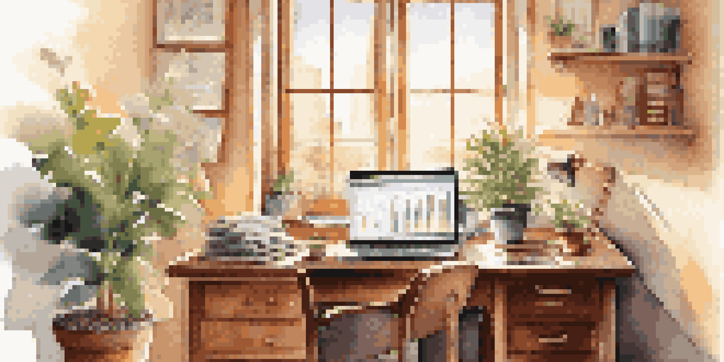 A bright home office featuring a wooden desk with a laptop showing stock market data, a potted plant, and sunlight streaming through a window.