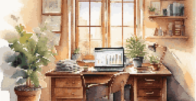 A bright home office featuring a wooden desk with a laptop showing stock market data, a potted plant, and sunlight streaming through a window.