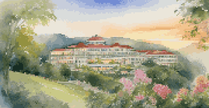 A luxurious hotel on a hillside, surrounded by greenery and flowers, illuminated by sunrise.