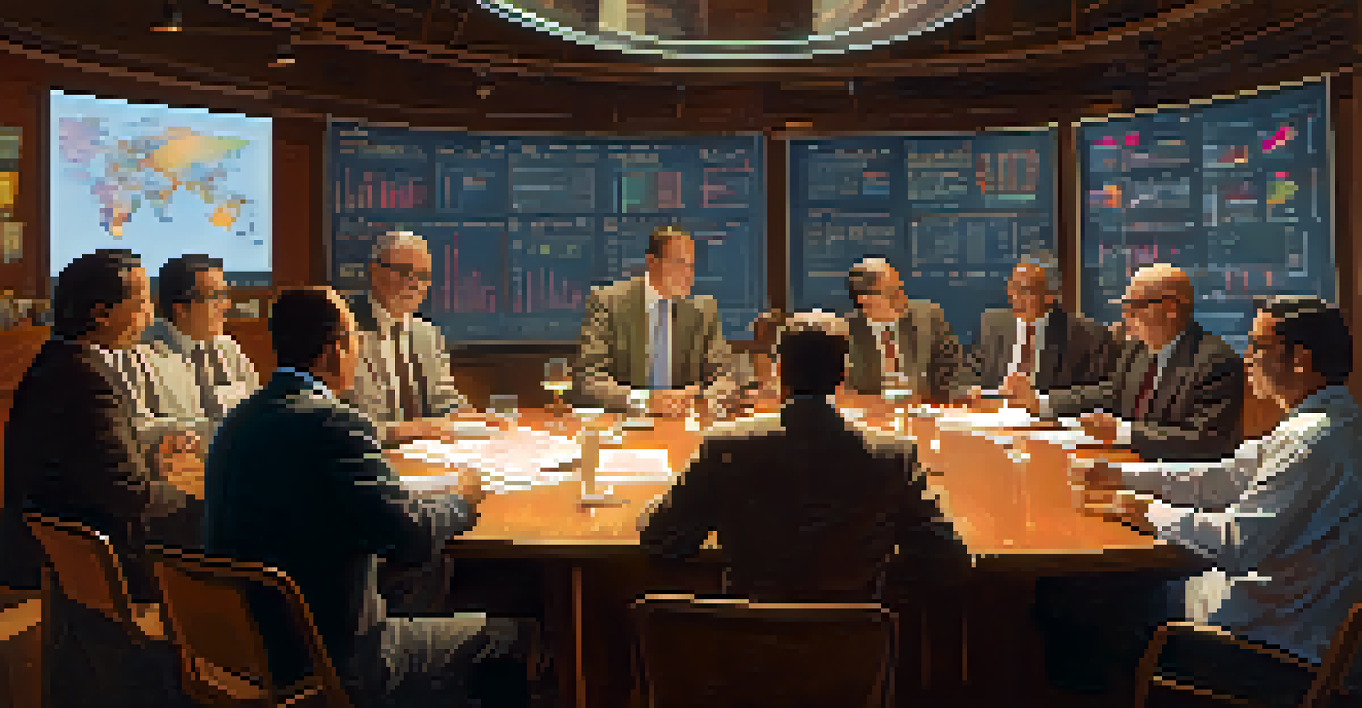 A diverse group of traders discussing strategies around a table, with charts and materials in a well-lit room.