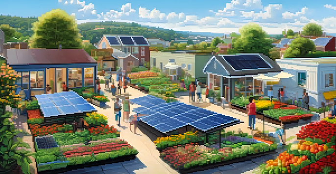 A peaceful community scene showcasing sustainability with solar panels, a garden, and diverse individuals enjoying nature.
