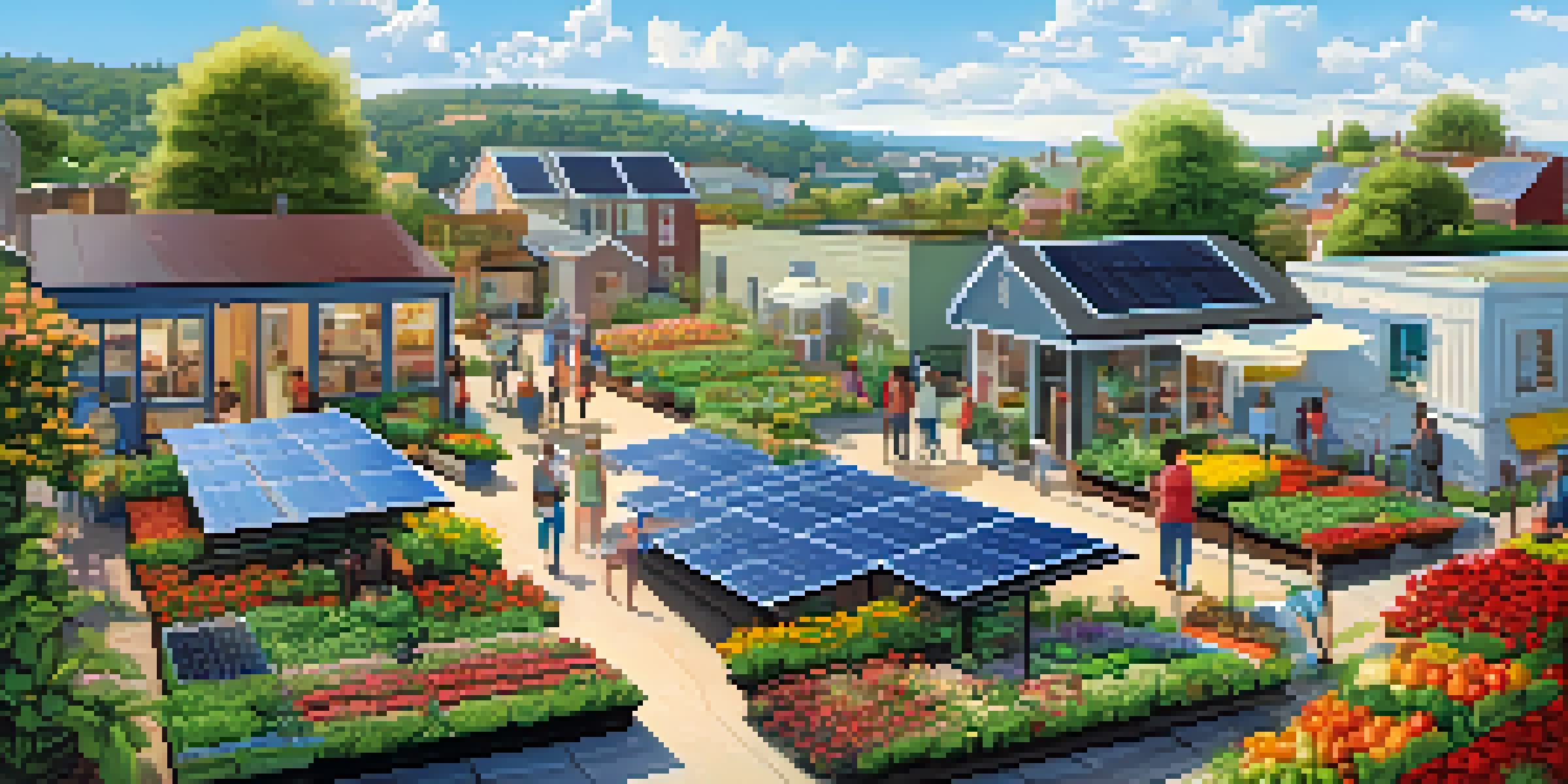 A peaceful community scene showcasing sustainability with solar panels, a garden, and diverse individuals enjoying nature.