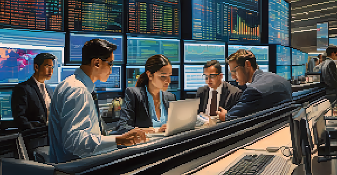 A diverse group of investors in a busy stock market environment, with digital screens showing stock prices and graphs.