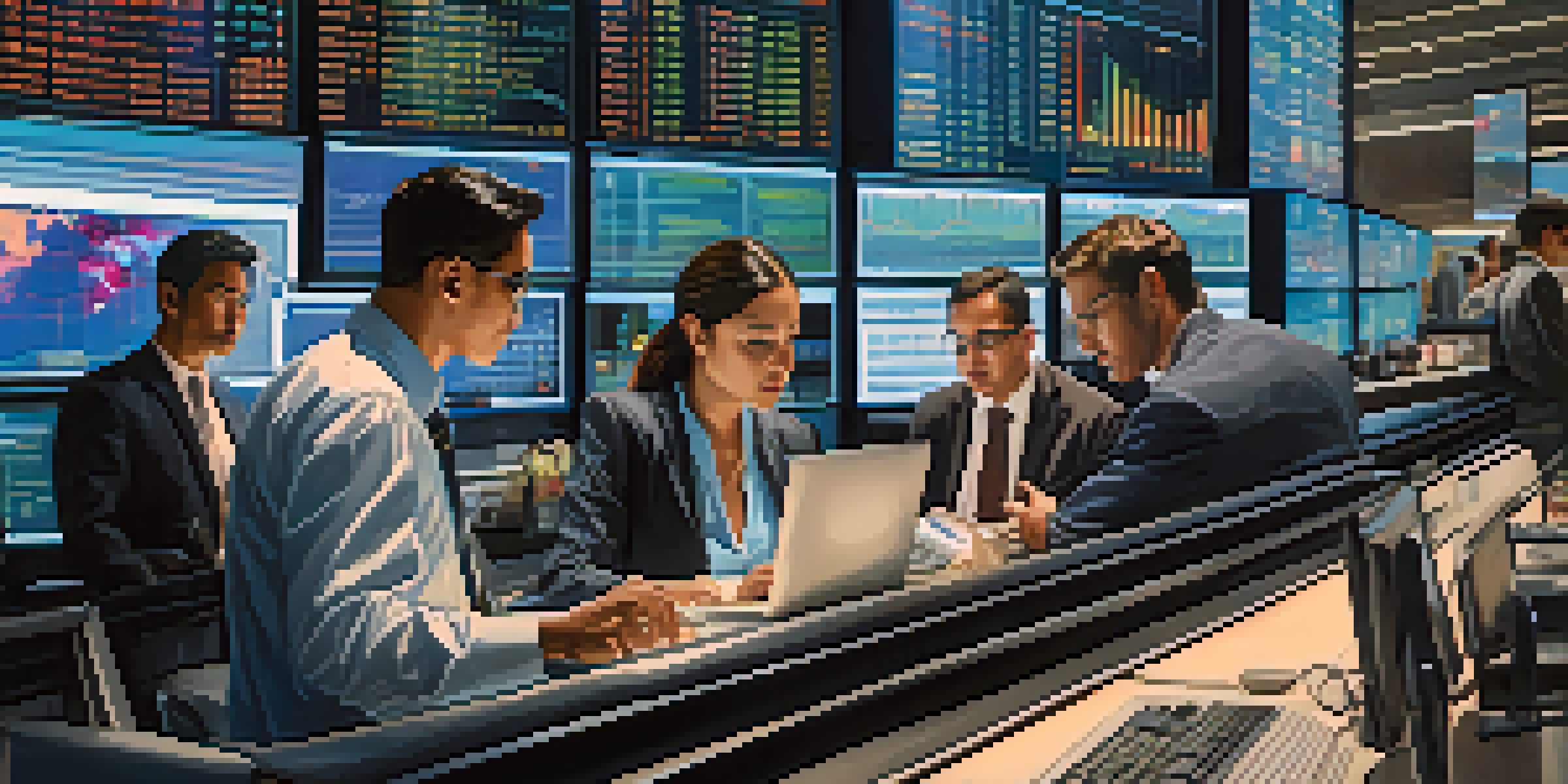 A diverse group of investors in a busy stock market environment, with digital screens showing stock prices and graphs.
