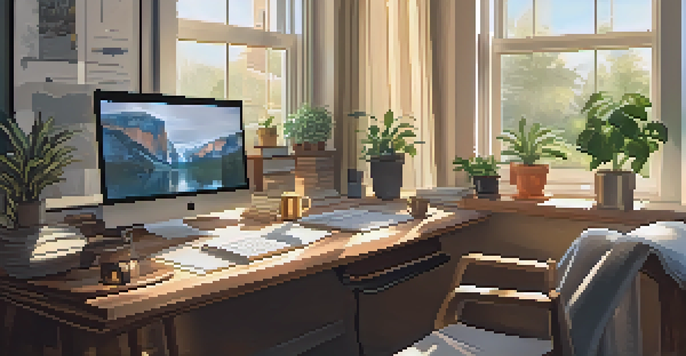 A home office with a wooden desk, a laptop, notebooks, and a steaming cup of coffee, illuminated by warm morning light from a large window.