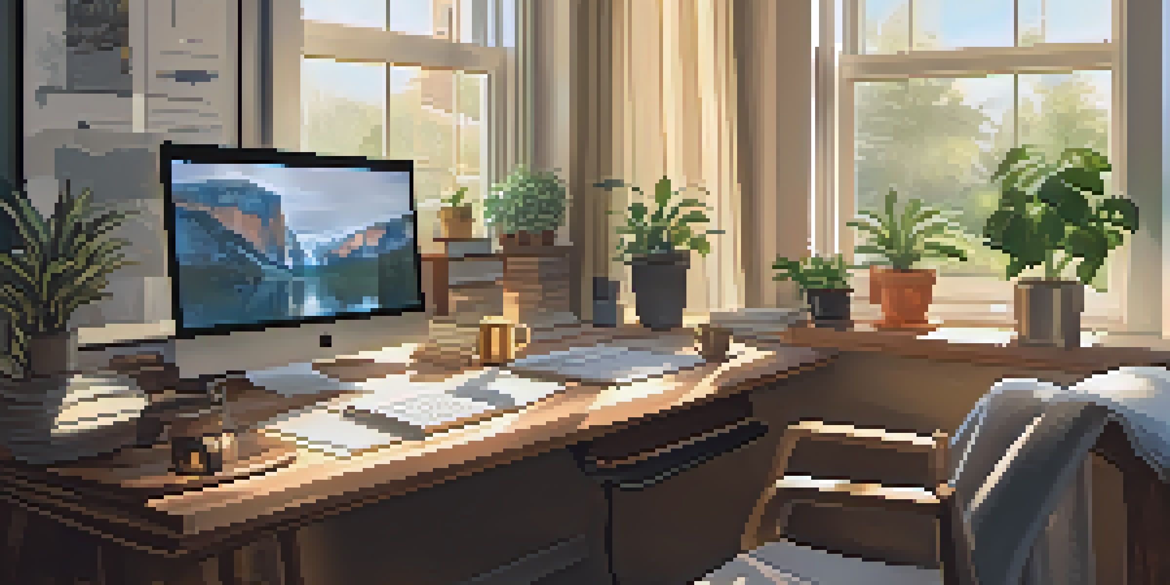 A home office with a wooden desk, a laptop, notebooks, and a steaming cup of coffee, illuminated by warm morning light from a large window.