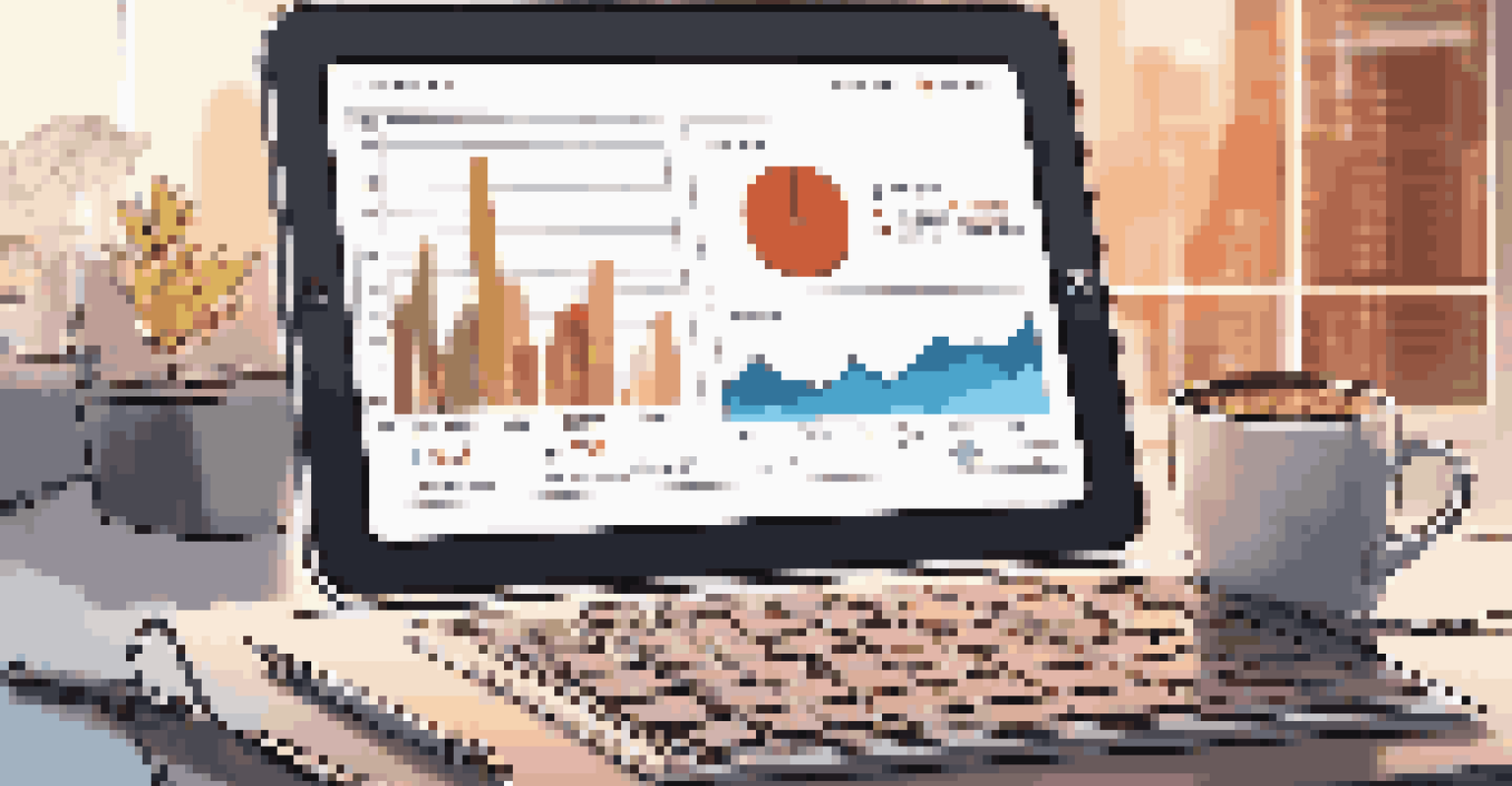 A digital financial dashboard on a tablet showing graphs and data, set in a modern office.