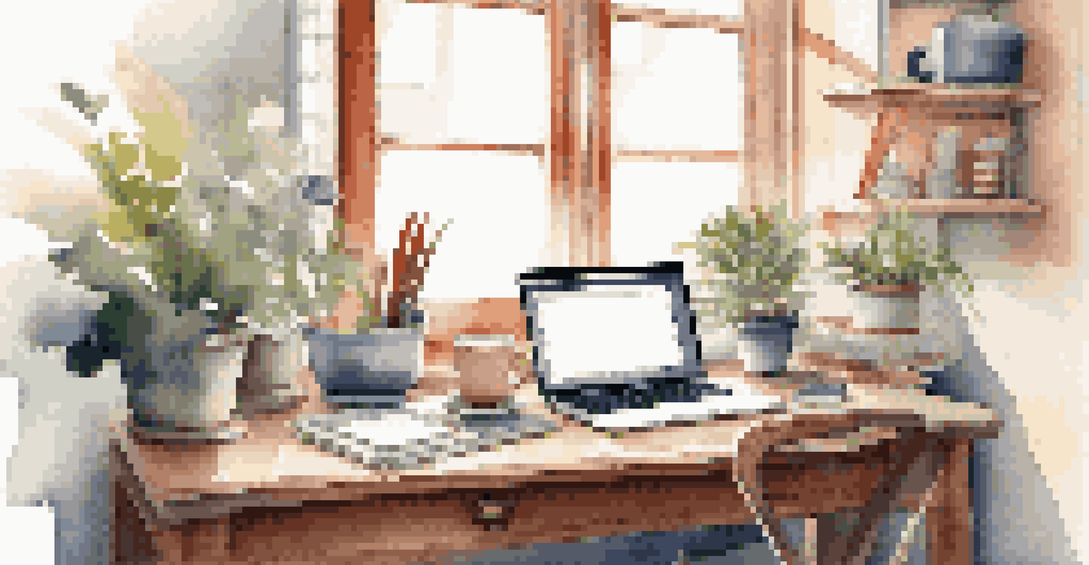 A cozy workspace with a laptop, notepad, coffee, and an indoor plant, bathed in natural light.