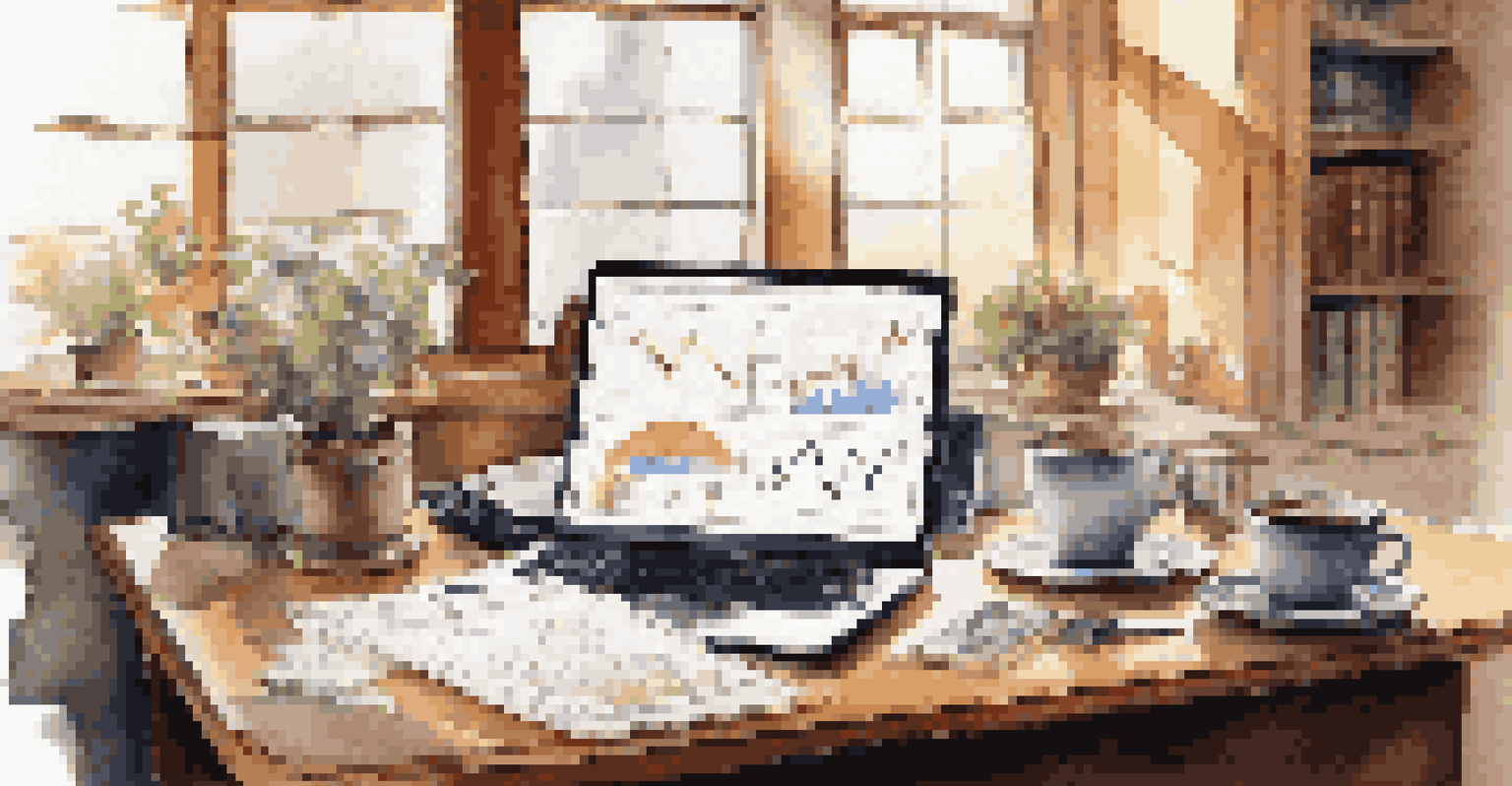 An office desk with a laptop showing stock market charts, a notepad with notes on exit strategies, and a cup of coffee, illuminated by natural light.