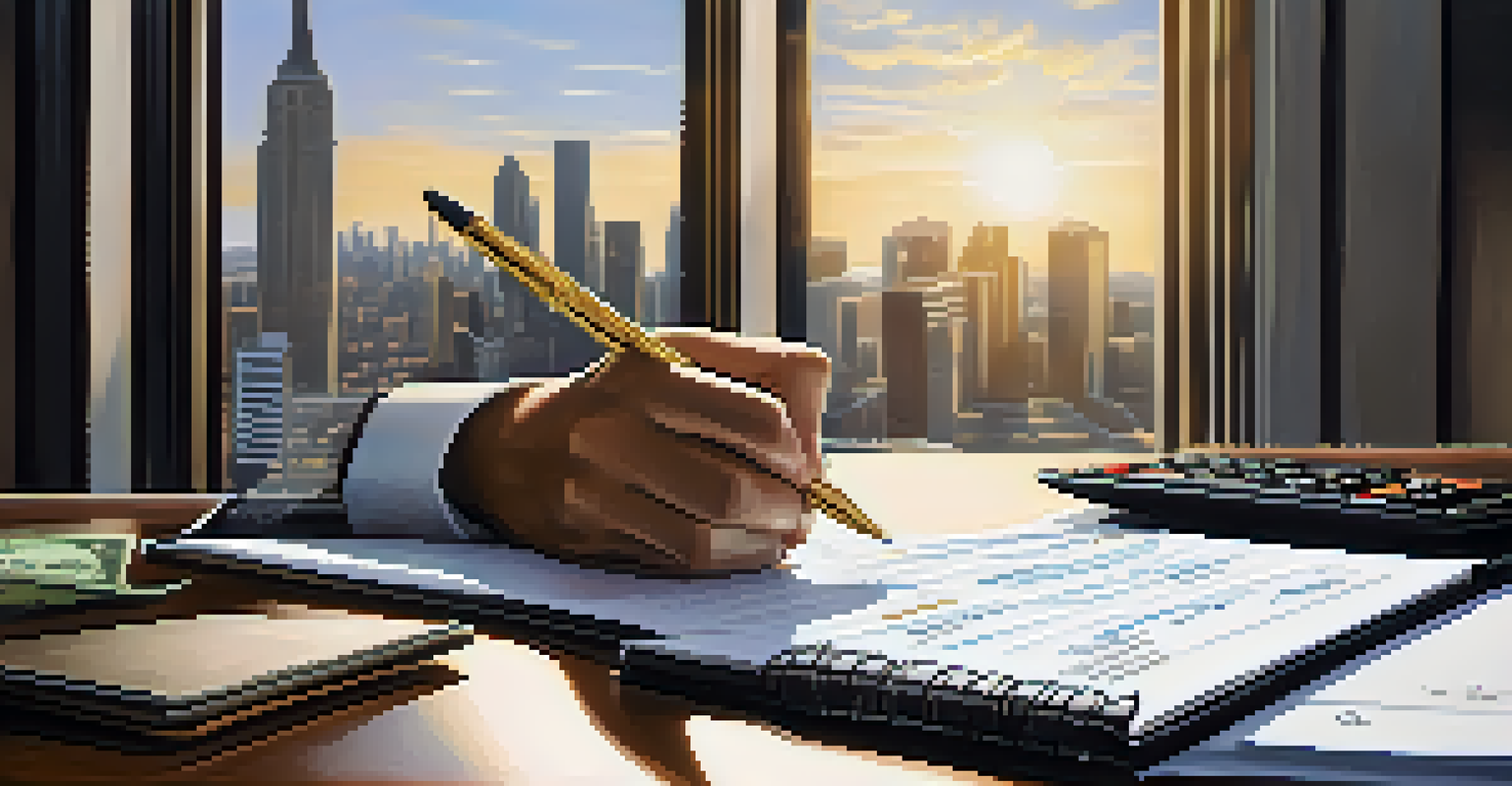 A close-up of hands writing on a notepad near a calculator and a cash flow statement on a table, with a cityscape view in the background.