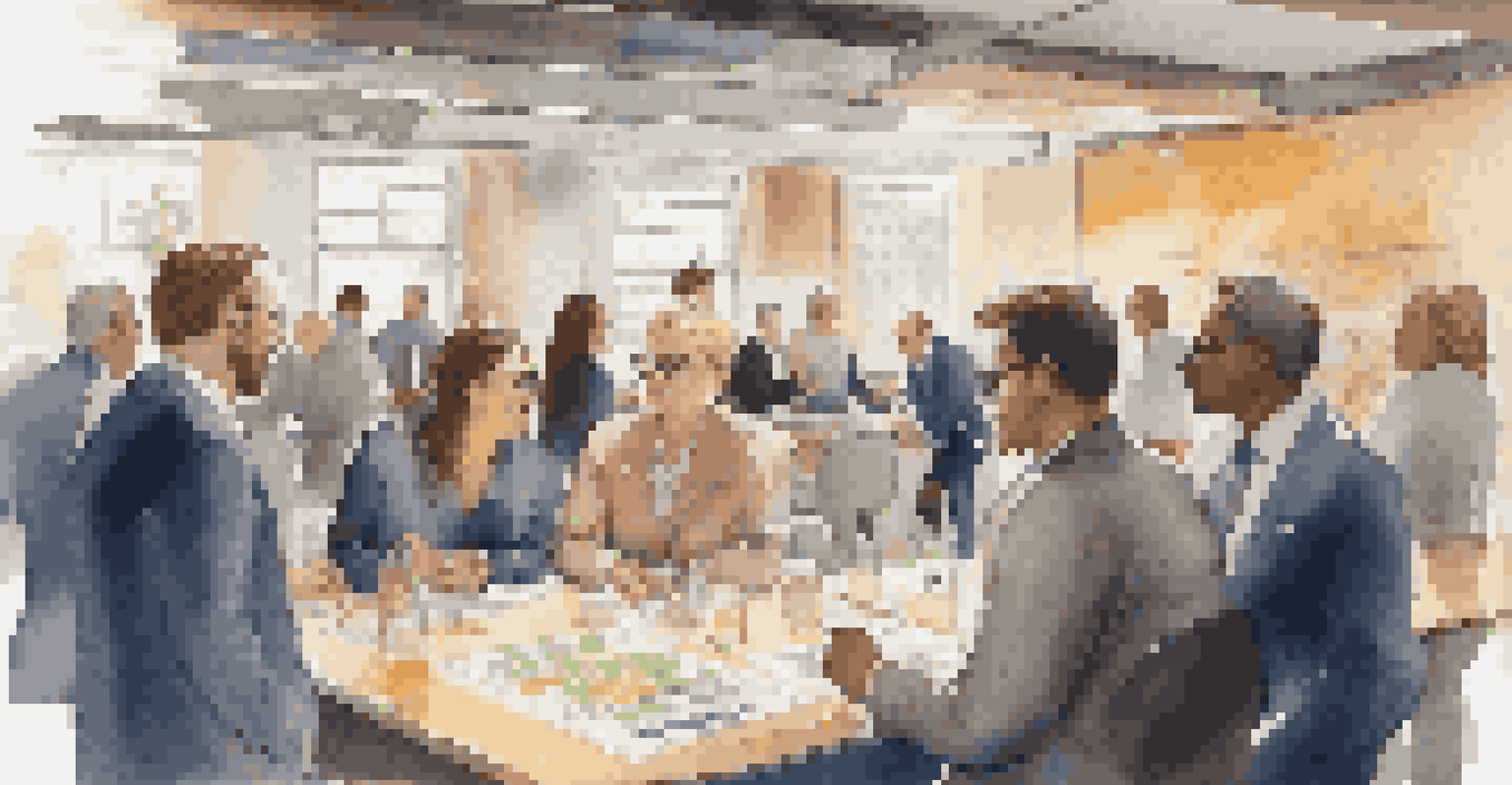 A networking event with diverse individuals engaged in discussions about stocks, surrounded by charts and financial documents.