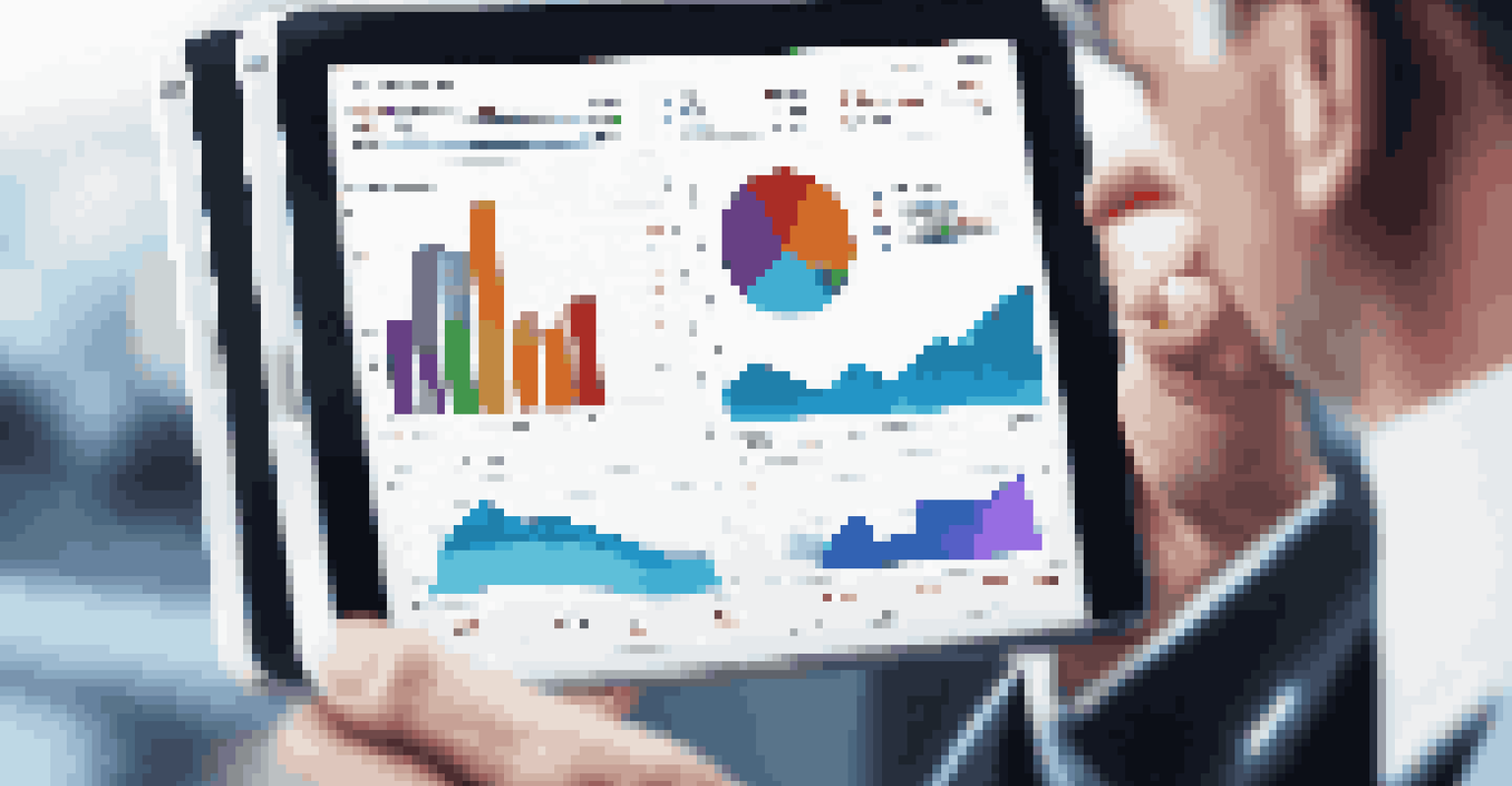 A business professional holding a tablet displaying a vibrant data analytics dashboard in a modern office setting.