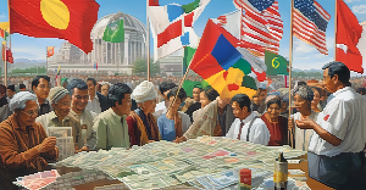 A diverse group of people discussing in front of international flags and currency notes, representing a global market scene.