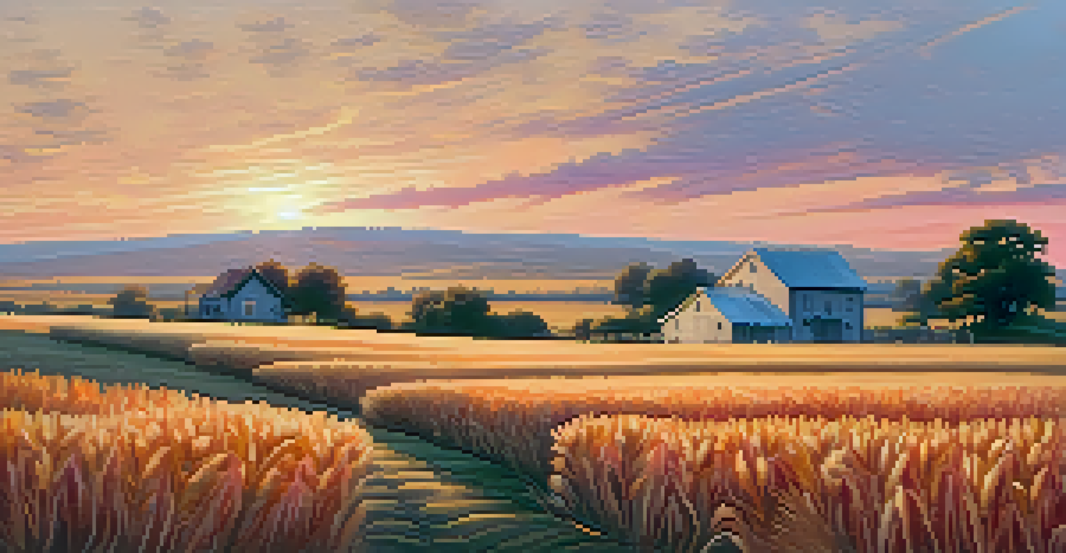 A golden wheat field at sunset with a farmhouse in the distance.