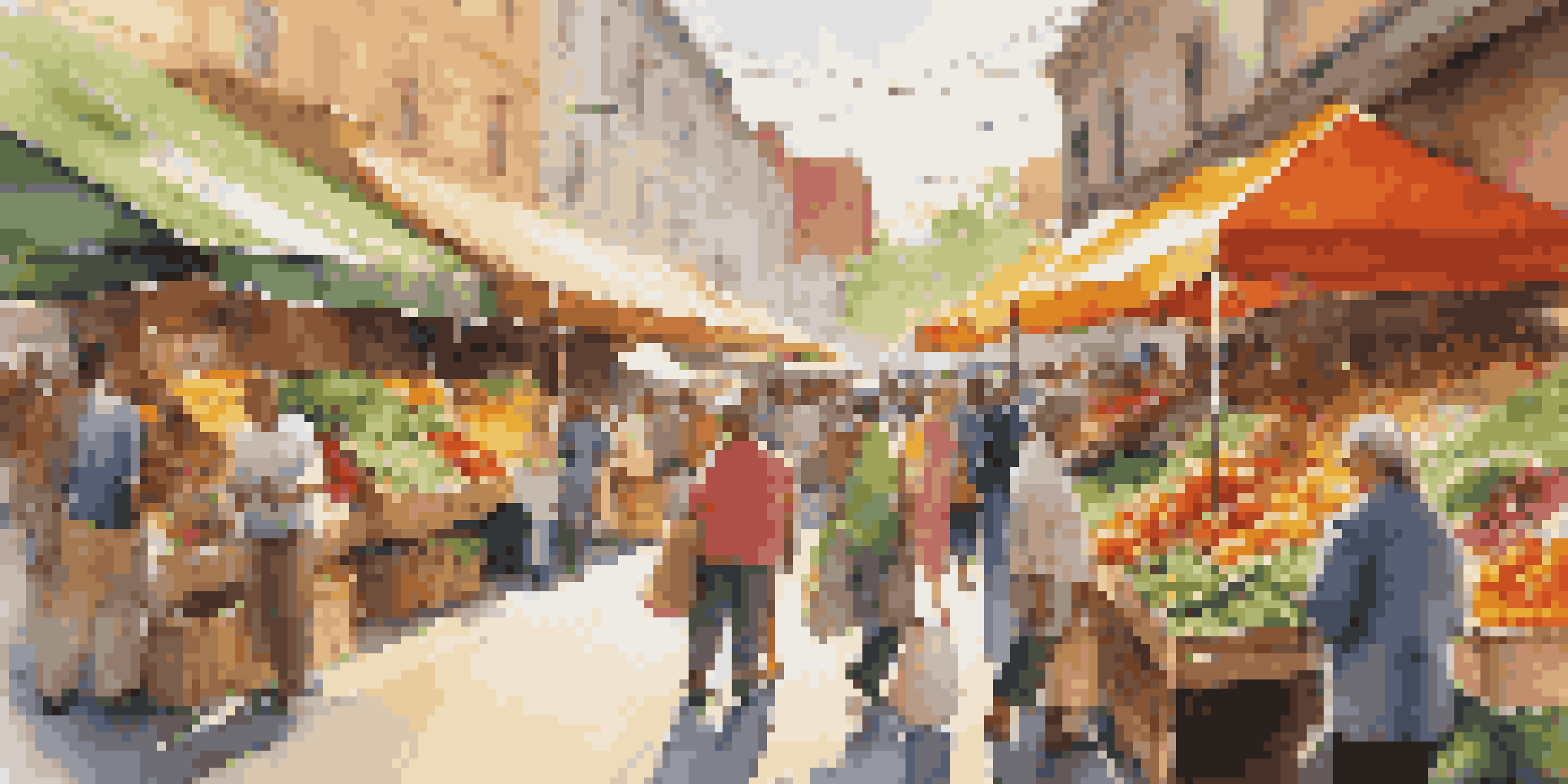 A busy urban market with diverse shoppers buying fresh fruits and vegetables under a sunny canopy.
