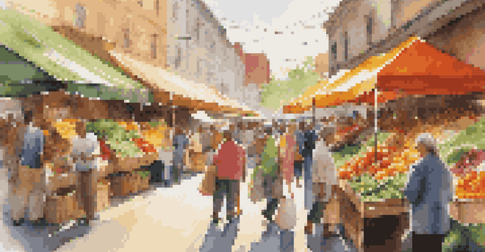 A busy urban market with diverse shoppers buying fresh fruits and vegetables under a sunny canopy.
