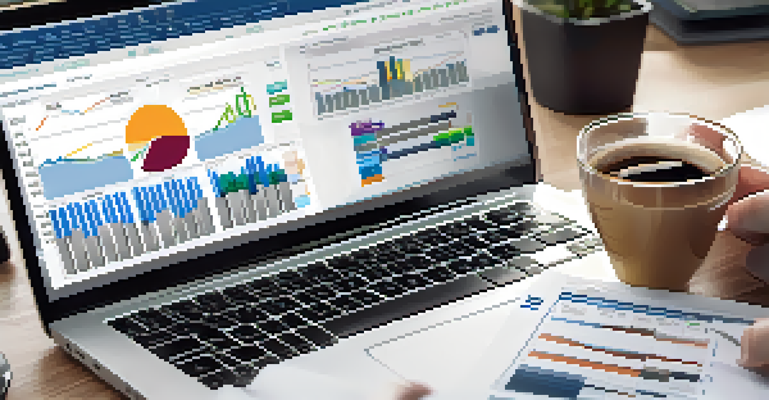 Close-up of hands typing on a laptop with performance metrics displayed, surrounded by financial documents and coffee.