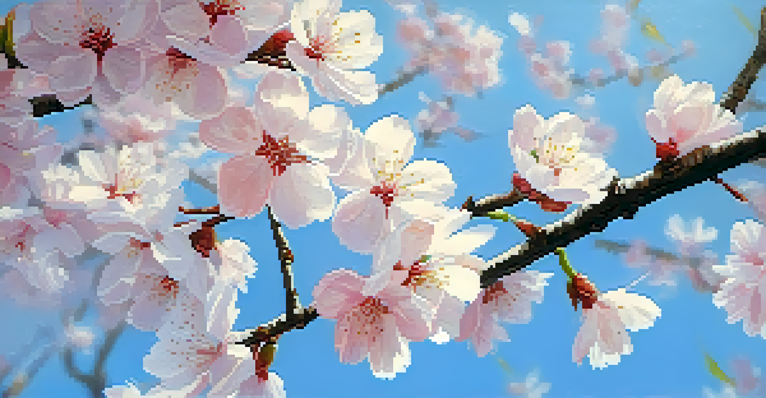 Close-up of a cherry blossom tree in full bloom with pink flowers and a clear blue sky.