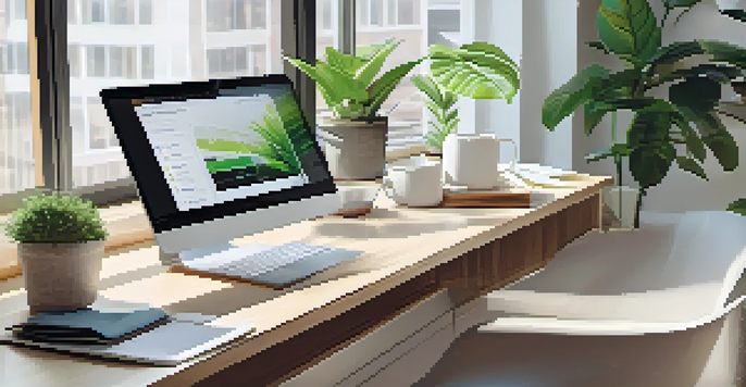 A modern office desk with a laptop showing email marketing data, a cup of coffee, and a green plant, all bathed in natural light.