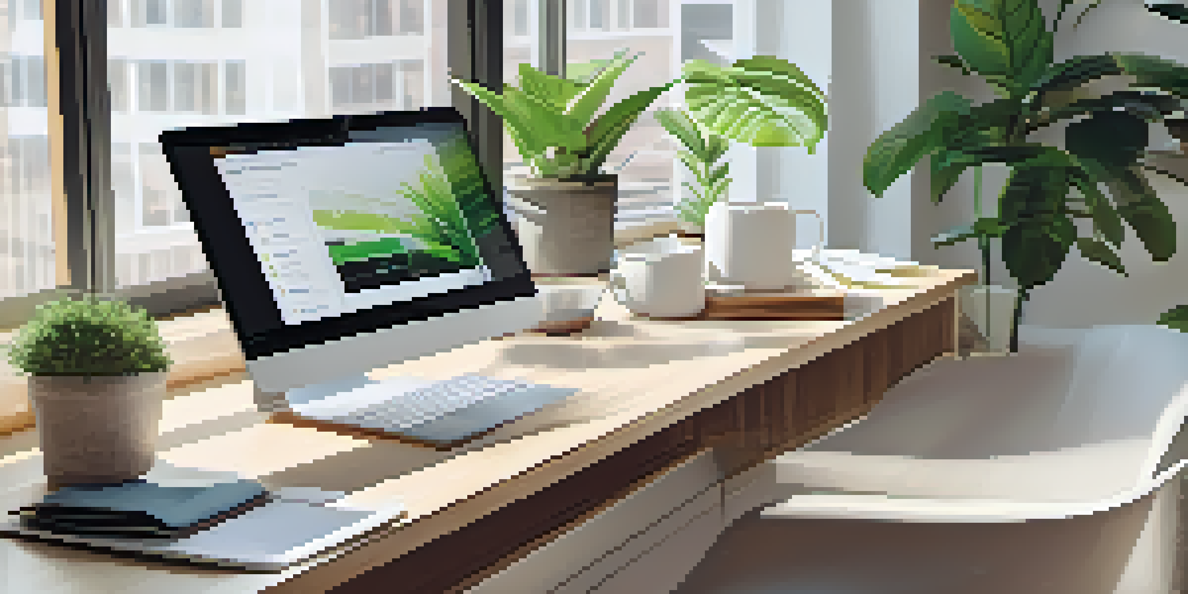 A modern office desk with a laptop showing email marketing data, a cup of coffee, and a green plant, all bathed in natural light.