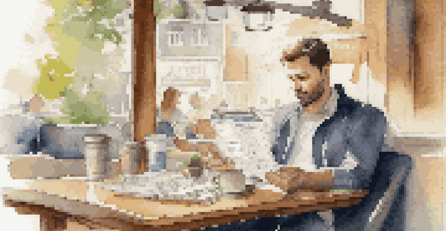 A person reviewing financial statements at a café, with a tablet and cup of coffee on the table.