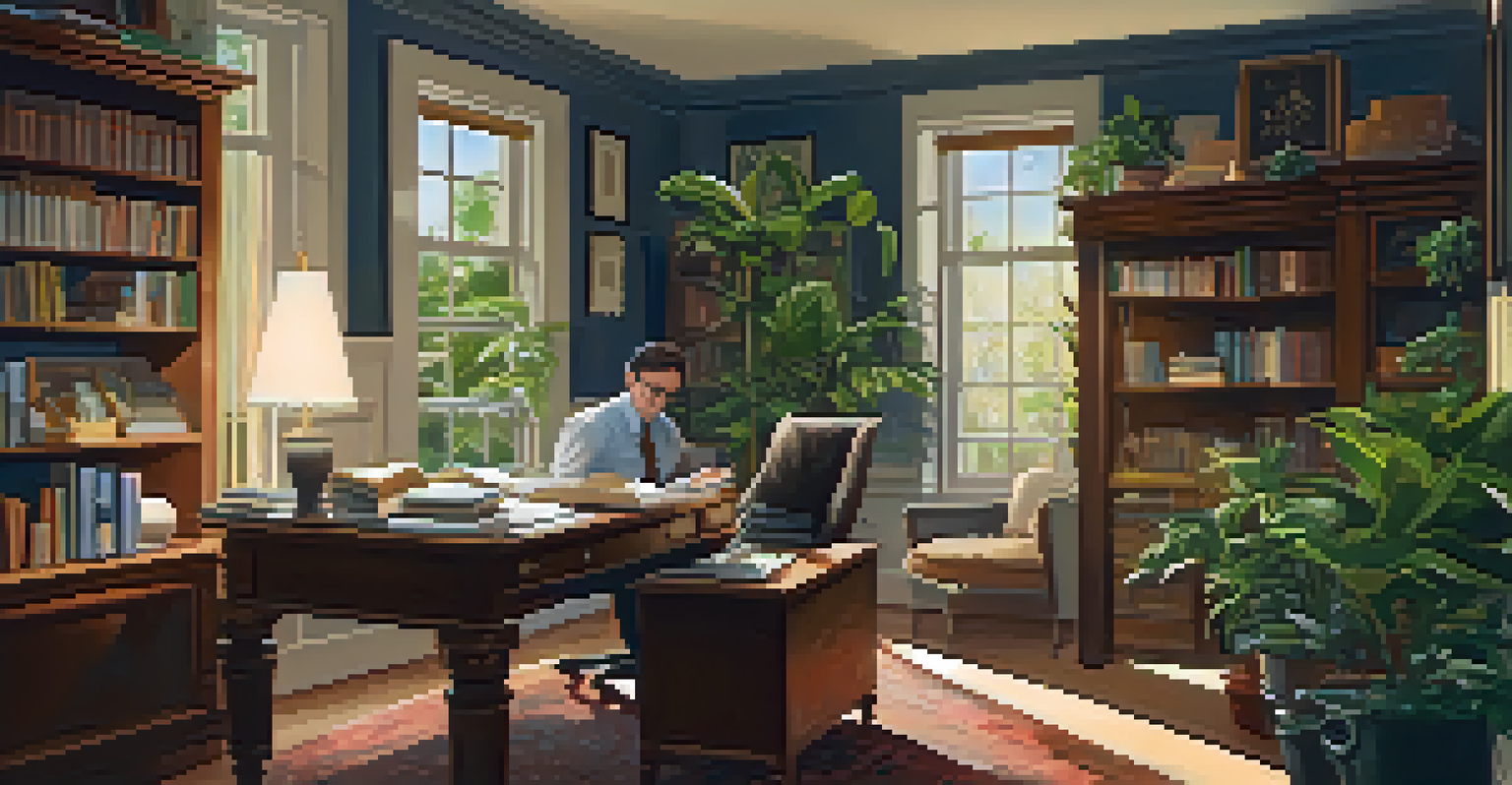 A person in a cozy home office reviewing financial documents, surrounded by plants and warm lighting, reflecting a balanced lifestyle.