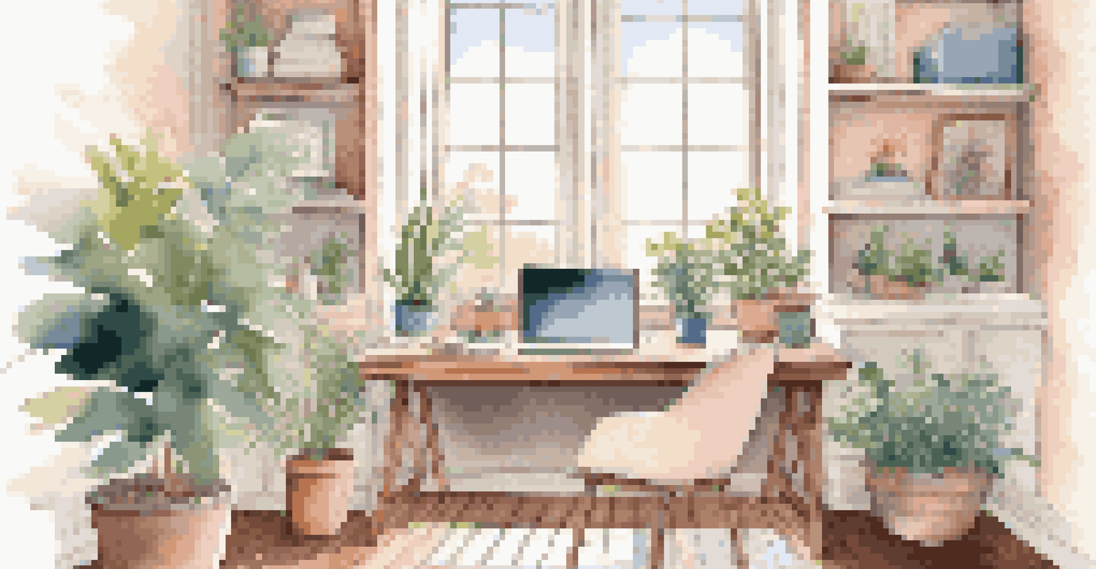 A modern home office with a desk, laptop, coffee cup, and a view of a garden through a window.
