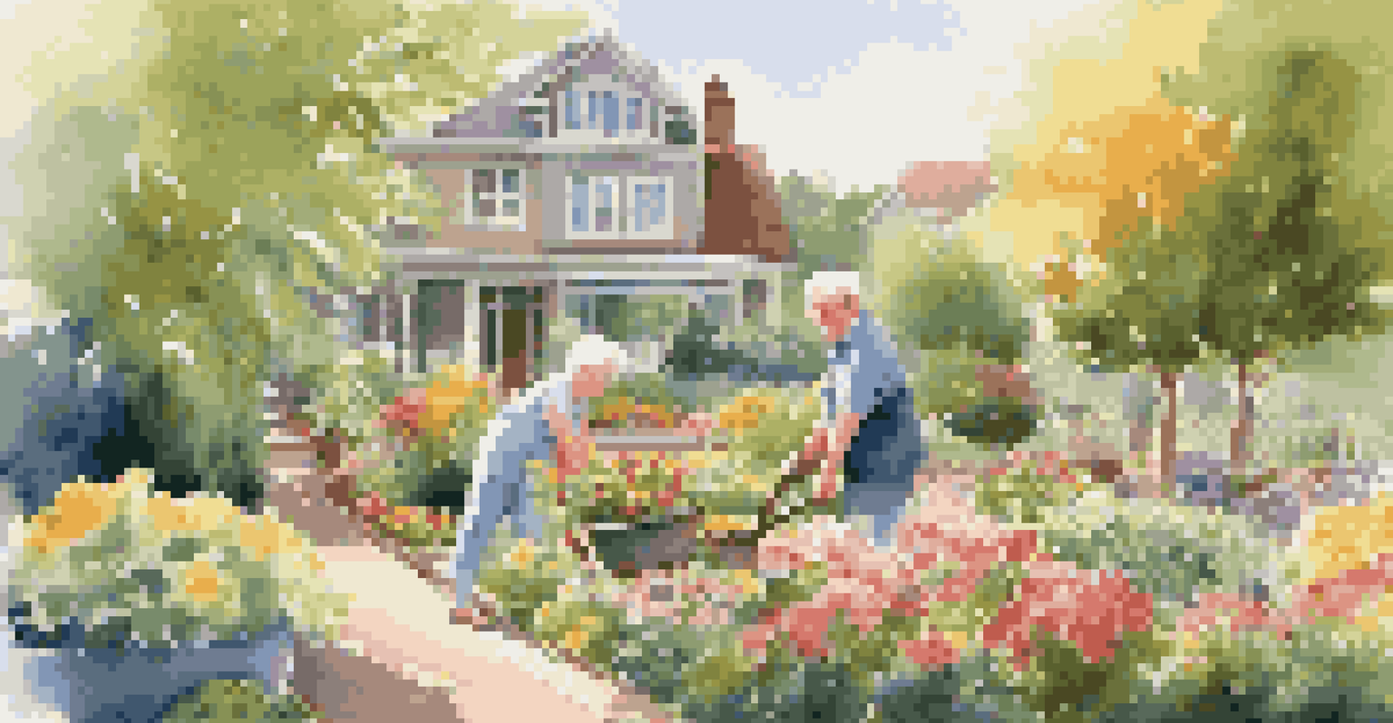An older couple gardening together in a sunny outdoor setting, smiling as they plant flowers in a beautifully landscaped yard.