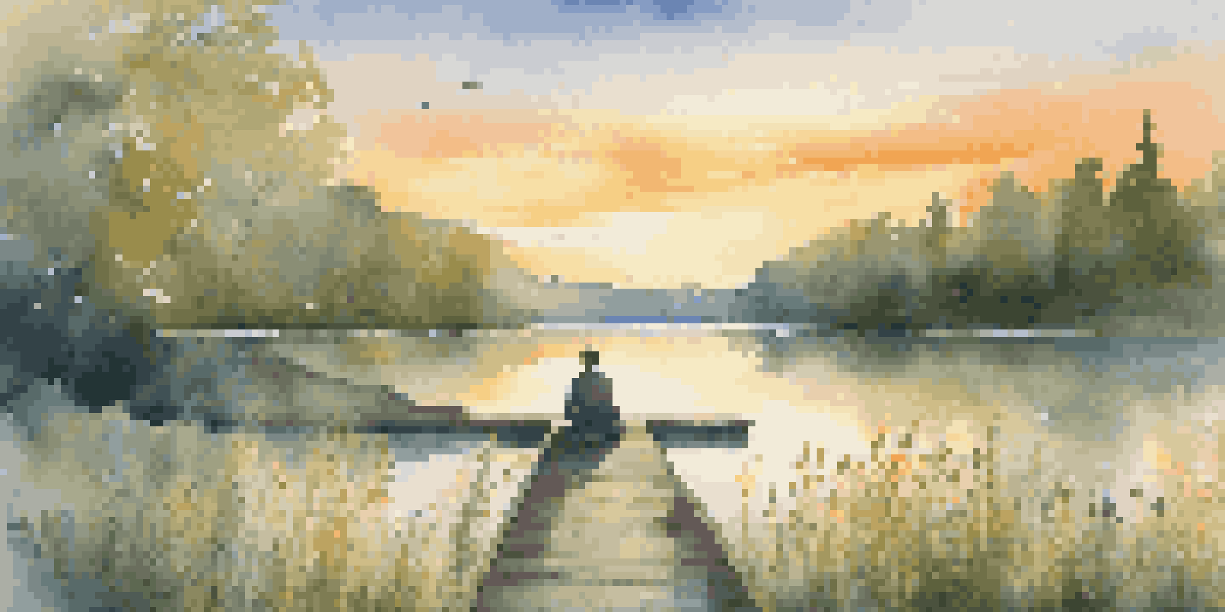 A person meditating on a wooden dock by a tranquil lake at sunrise, surrounded by greenery and wildflowers.