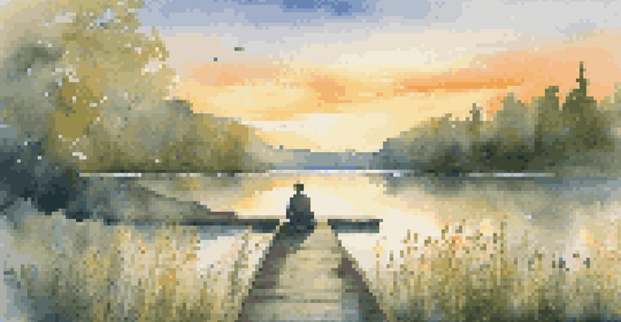 A person meditating on a wooden dock by a tranquil lake at sunrise, surrounded by greenery and wildflowers.