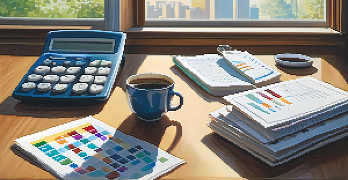 A detailed view of a financial planner with charts and a calculator on a wooden desk, illuminated by soft natural light.