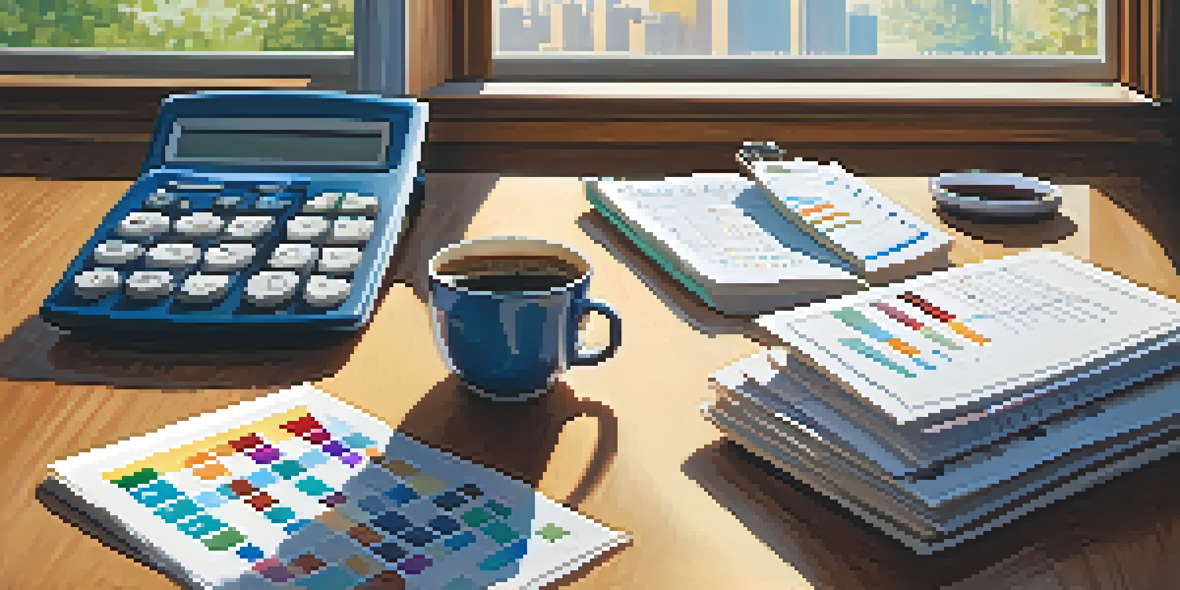 A detailed view of a financial planner with charts and a calculator on a wooden desk, illuminated by soft natural light.
