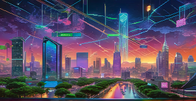 A futuristic city with digital billboards and people using devices to engage in decentralized finance activities, surrounded by greenery and illuminated by twilight colors.