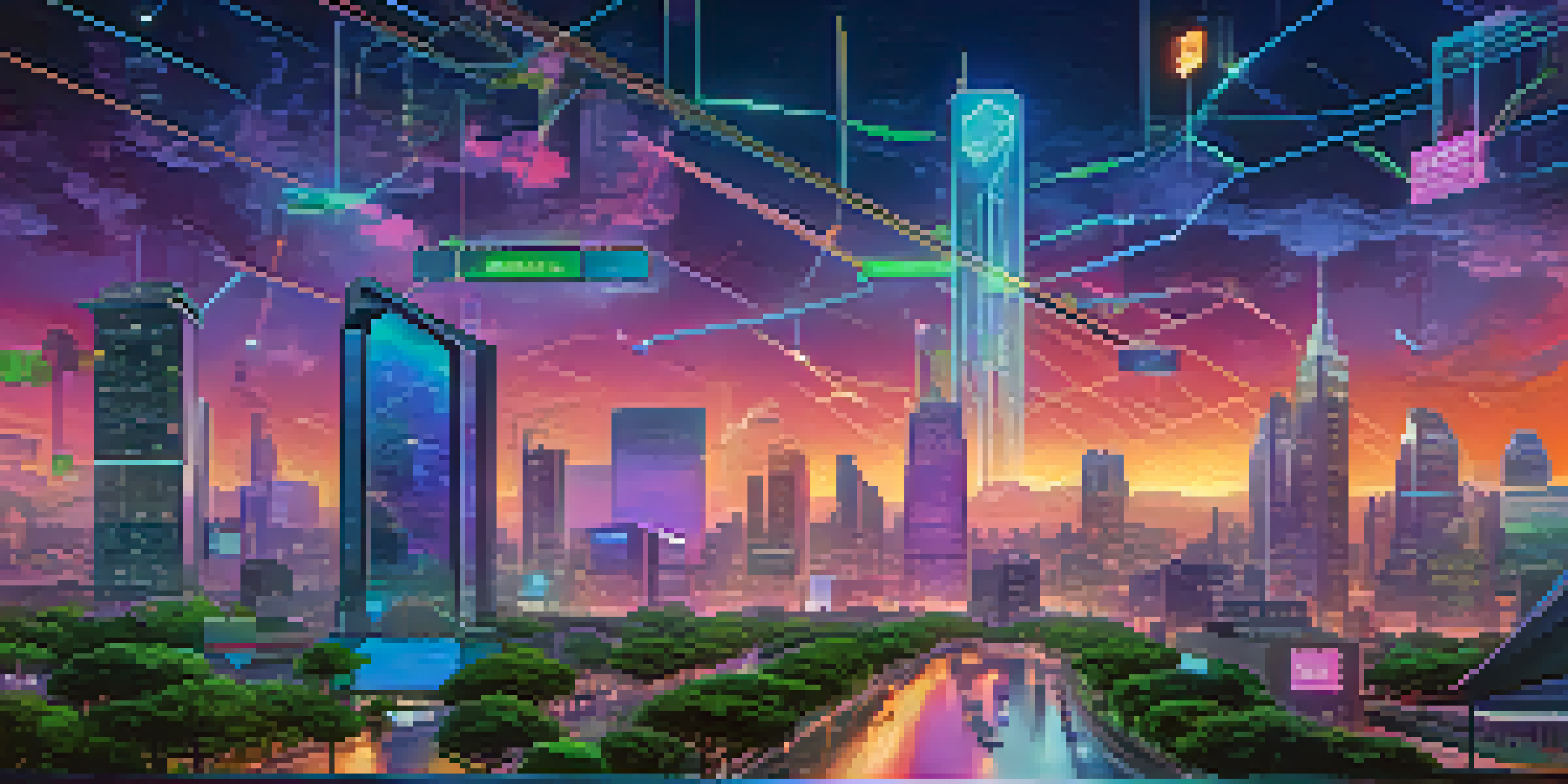 A futuristic city with digital billboards and people using devices to engage in decentralized finance activities, surrounded by greenery and illuminated by twilight colors.