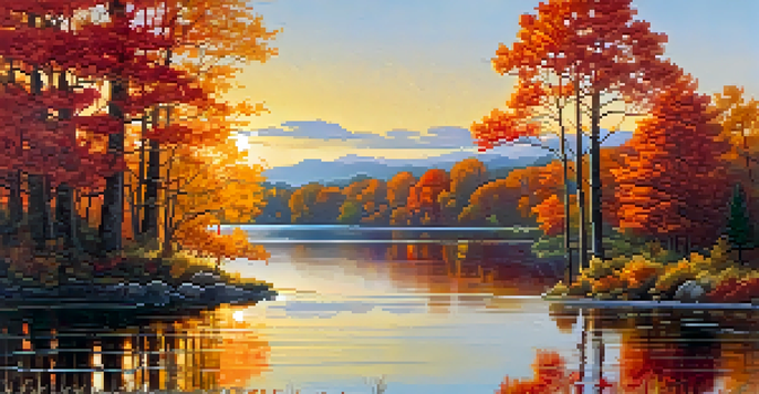 A peaceful lake scene in autumn with colorful leaves and a sunset reflection.