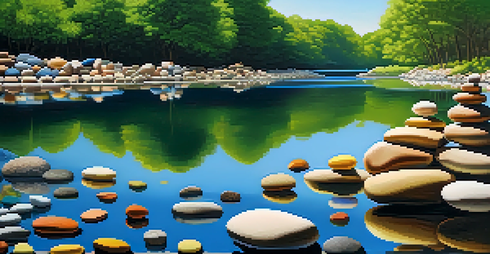 A peaceful landscape with a calm river and colorful stones representing diverse financial assets, symbolizing a balanced investment portfolio.