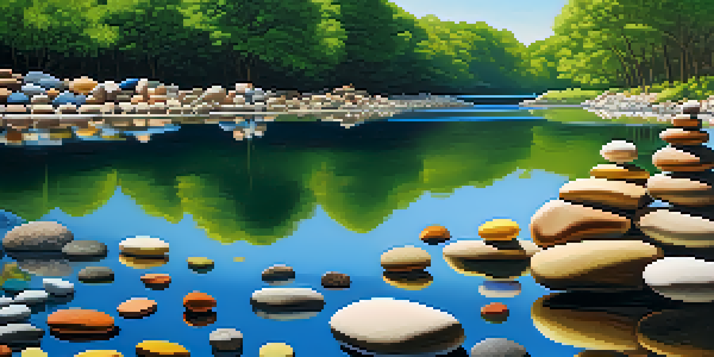 A peaceful landscape with a calm river and colorful stones representing diverse financial assets, symbolizing a balanced investment portfolio.