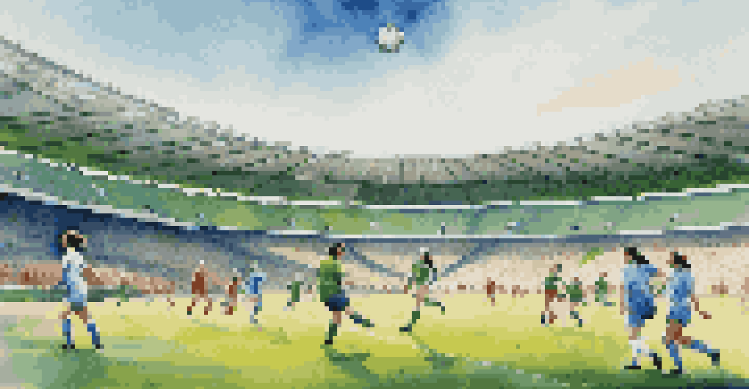 An action shot of a women's soccer match, with players on a green field and fans cheering.