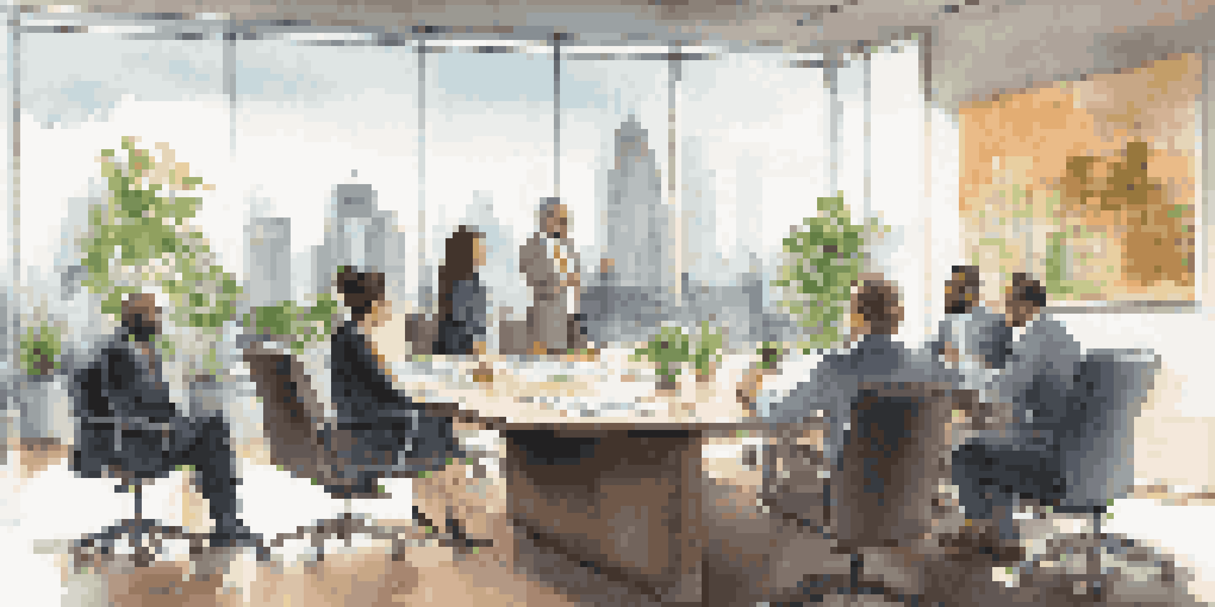 A diverse group of professionals in a bright boardroom discussing corporate governance, with charts and documents on the table.