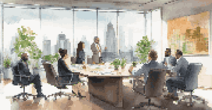 A diverse group of professionals in a bright boardroom discussing corporate governance, with charts and documents on the table.