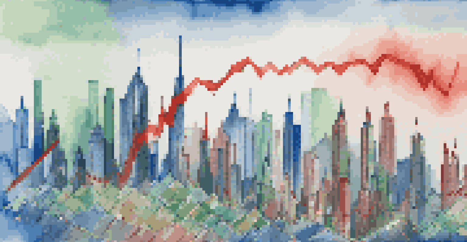 An abstract image of a colorful line graph symbolizing market volatility against a city skyline.