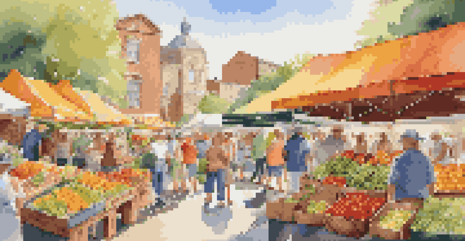 A lively summer farmer's market with colorful stalls of fresh fruits and vegetables.