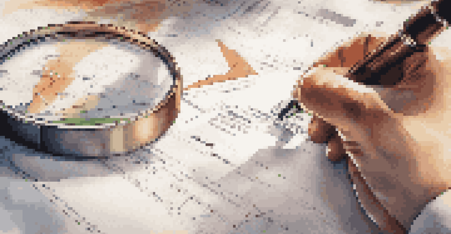 A close-up of hands holding a magnifying glass over a document with startup ideas.