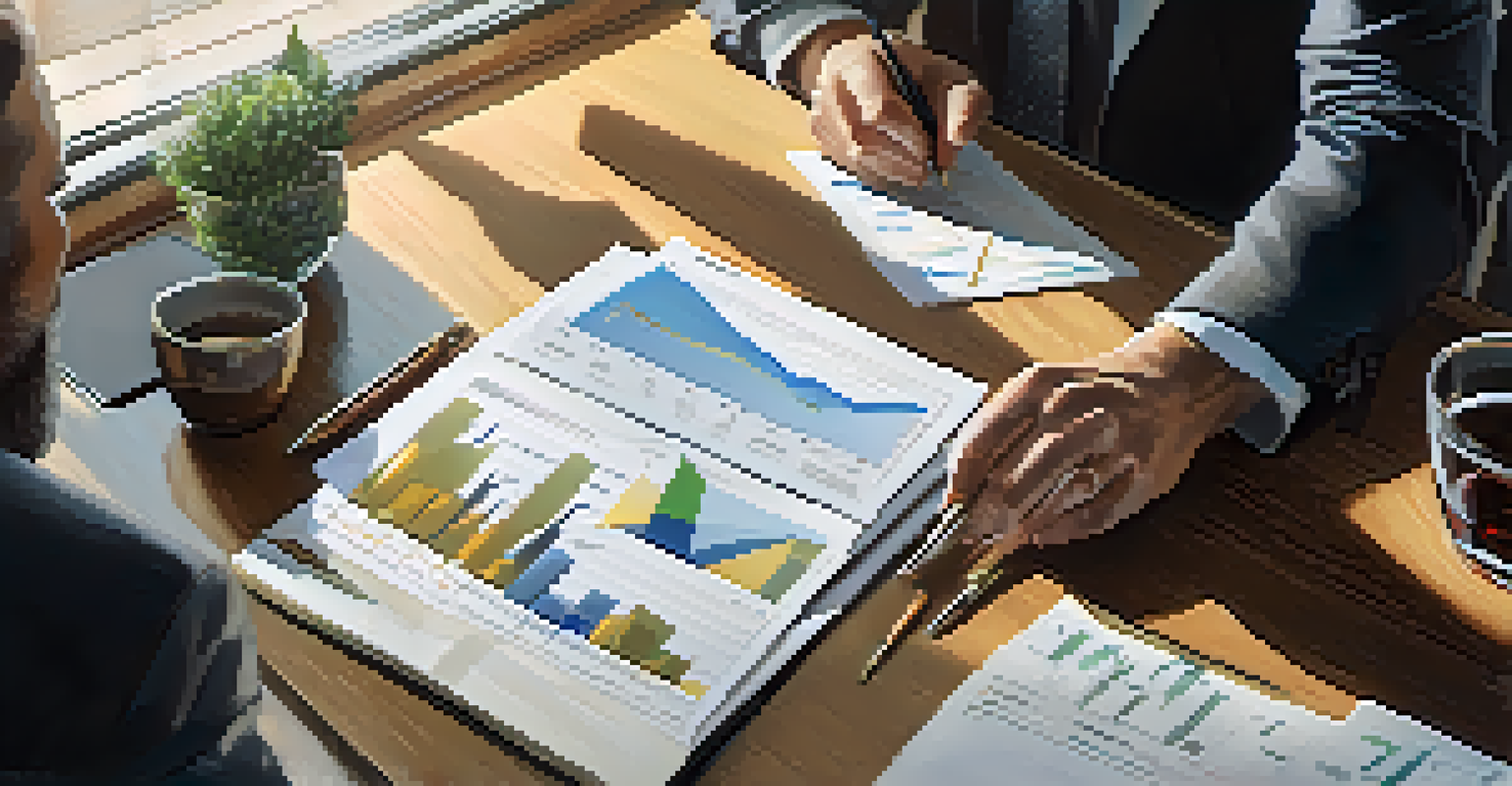 A financial advisor and client reviewing investment strategies with charts on a laptop at a wooden table.